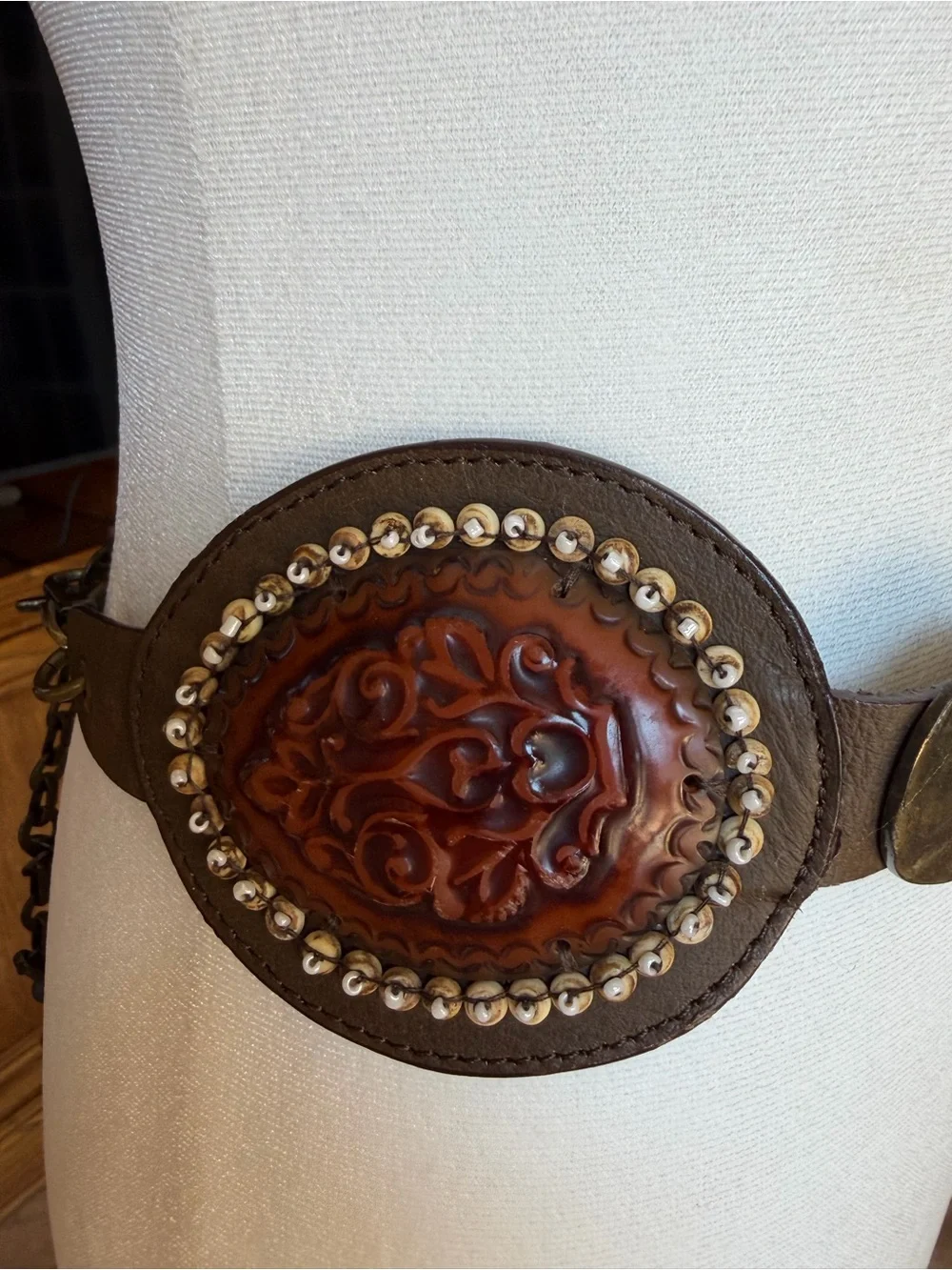 Chicos Genuine Leather Concho Belt  Turquoise Blue and Rust Medallions Sz M/L